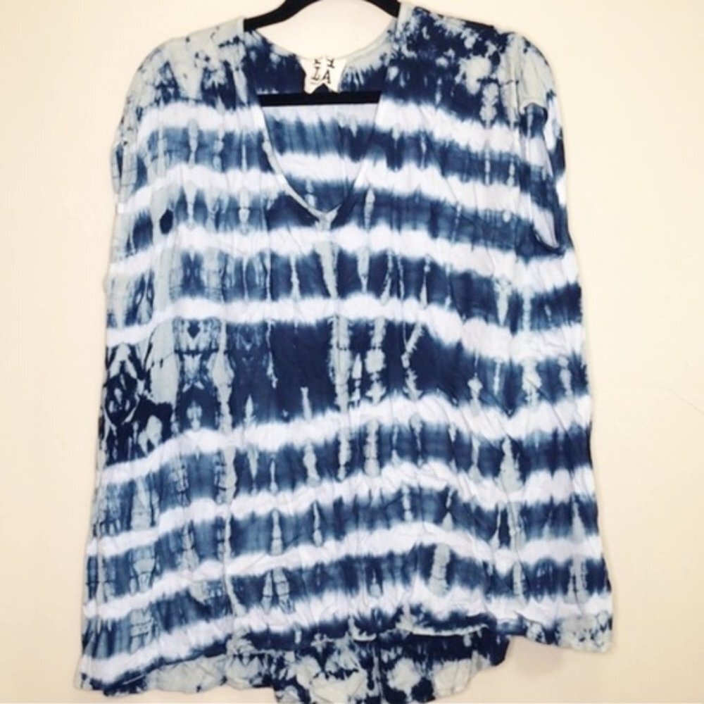 PPLA White Blue Tie Dye Waterfall‎ Sleeveless Top